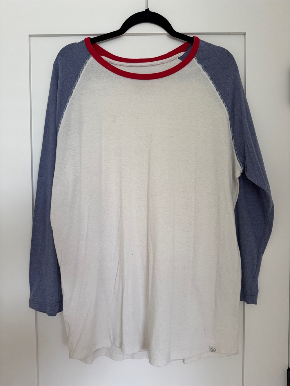 Marine Layer Re-spun Long Sleeve Raglan Tee - White Body with Blue Sleeves
